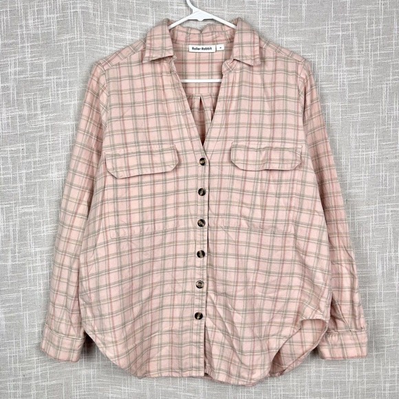Roller Rabbit Pink Velha Plaid Cotton Flannel Buttondown Shacket Shirt Medium - Picture 2 of 4